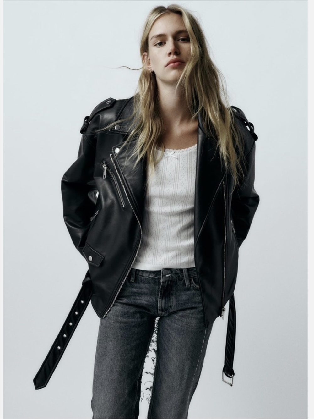ZARA Black Faux Leather Biker Jacket with Belt